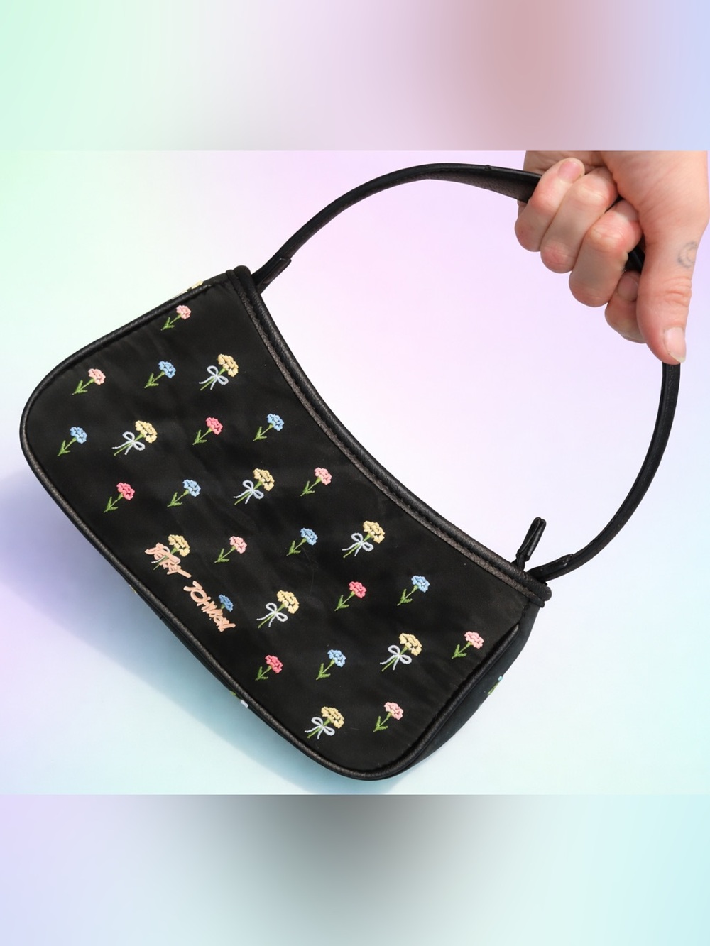 Betsey Johnson Black Mini Shoulder Bag with Pastel Floral Embroidery